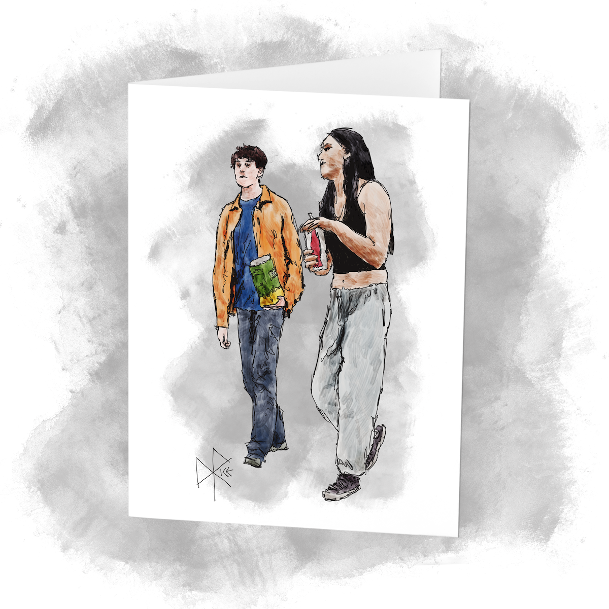 Holding their mostly emptied containers of concession food and drink, two people walk and converse about the movie that they just watched. Sketch art by Don Rice.