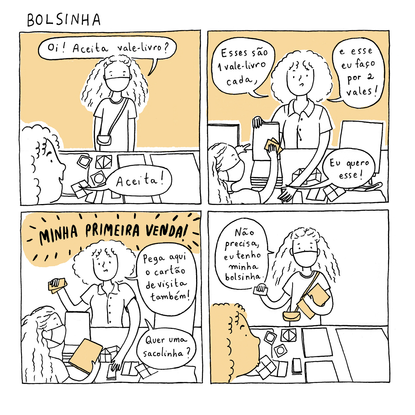 BOLSINHA. Uma menina compra meu livro Cabelo-nuvem e recusa a sacolinha pra guardar por que tem uma bolsinha. A bolsinha é minúscula!