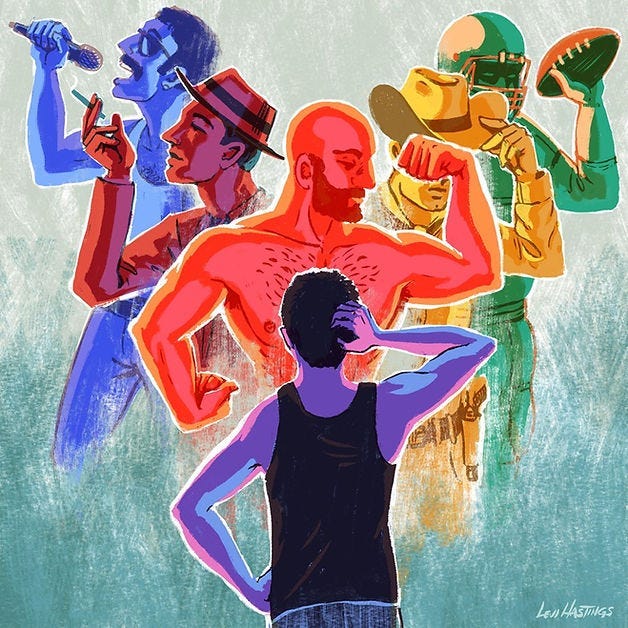 A person in a tank top ponders five colorful characters: a singer, smoker, strongman, cowboy, and football player, on a textured background. A person in a tank top ponders five colorful characters: a singer, smoker, strongman, cowboy, and football player, on a textured background.