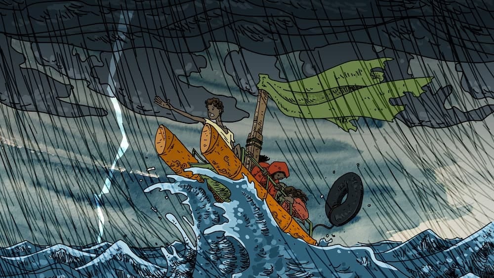 An illustration depicting refugees struggling to stay afloat on a small raft in the middle of an ocean storm