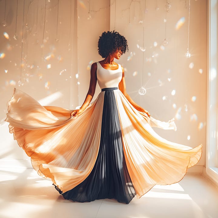 A Black woman stands in profile in a sunlit room, wearing a flowing cream and navy silk gown. Warm light reflects through hanging glass ornaments and crystals, casting soft patterns across the walls as the fabric of her dress gently trails behind her.
