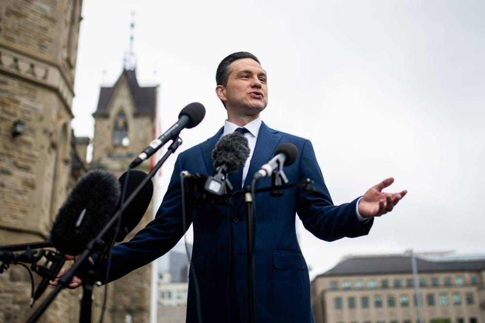 Spencer Colby /THE CANADIAN PRESS
                                Conservative Leader Pierre Poilievre speaks to reporters outside West Block on Parliament Hill in Ottawa on Thursday, May 15, 2025.