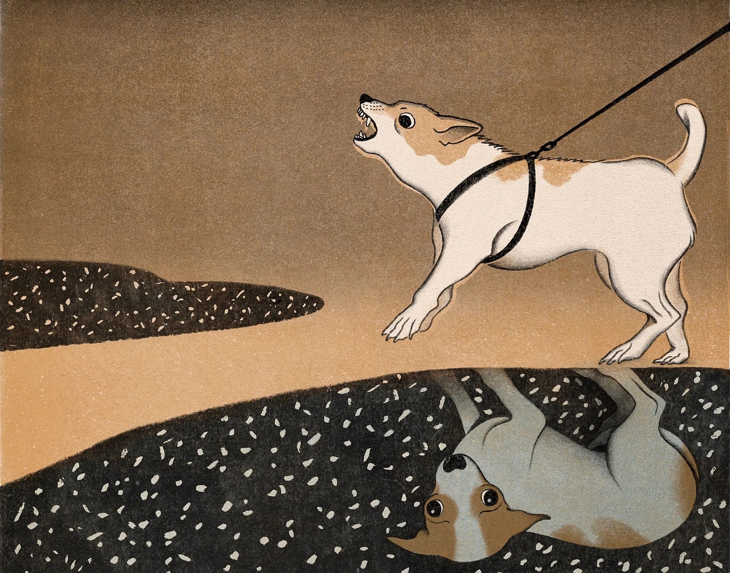 Illustration of a small dog on a leash, barking. Under him, a reflection in a pond shows the same dog in a tame posture with big eyes.