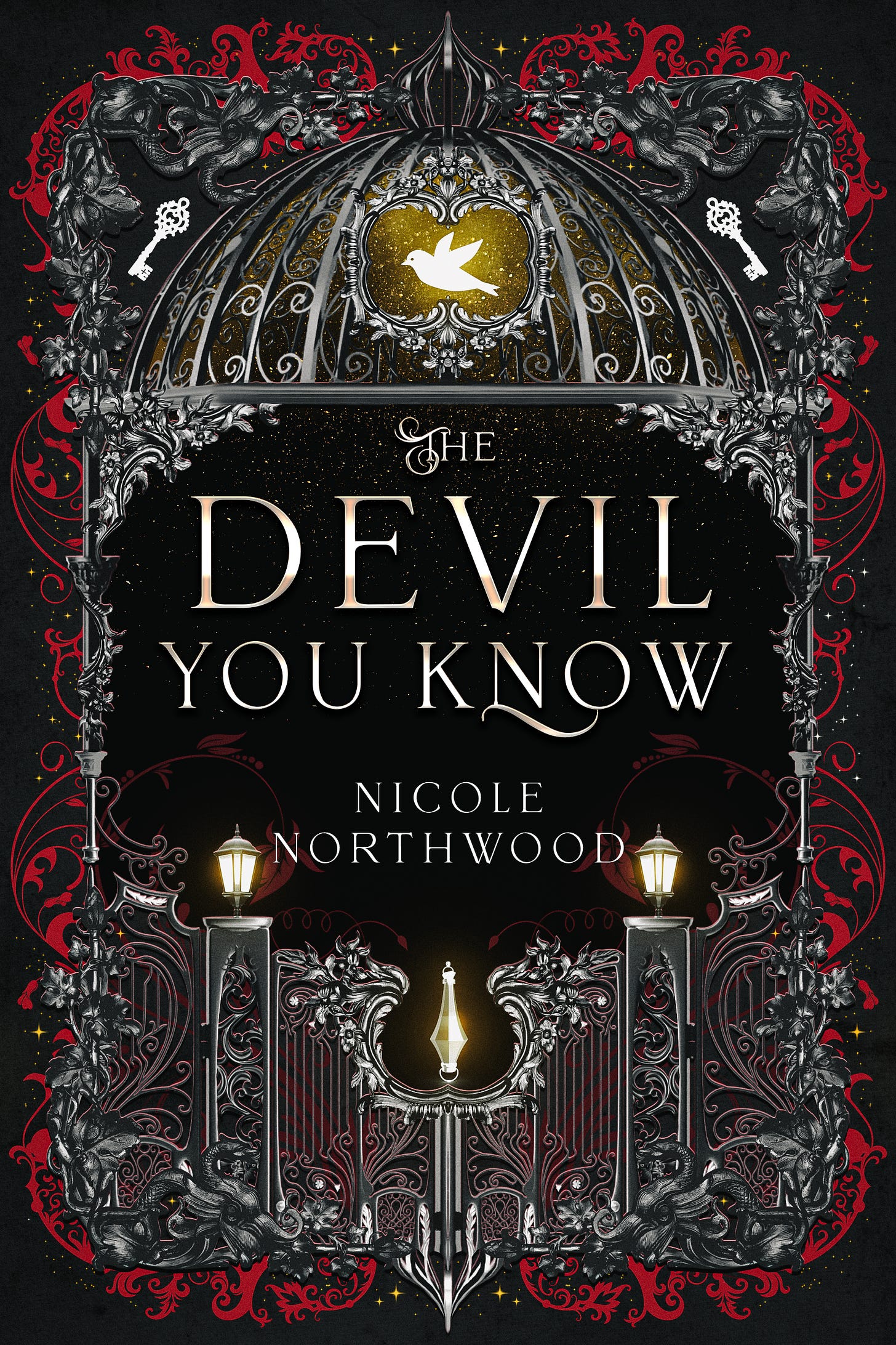 Cover of The Devil You Know by Nicole Northwood. It is black and red with images of keys, lanterns, and birds