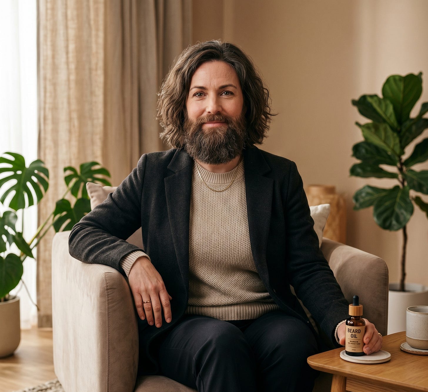 A confident woman with a full, well-groomed beard sits relaxed in an armchair, holding a bottle of beard oil, looking directly at the camera with a calm and assured expression. A confident woman with a full, well-groomed beard sits relaxed in an armchair, holding a bottle of beard oil, looking directly at the camera with a calm and assured expression.