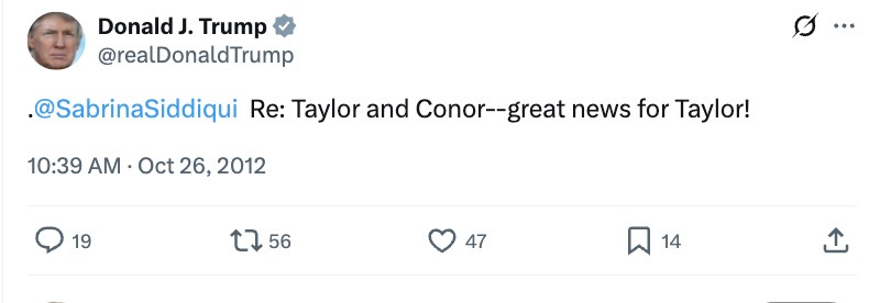 .@SabrinaSiddiqui Re: Taylor and Conor--great news for Taylor! 10:39 AM · Oct 26, 2012 .@SabrinaSiddiqui Re: Taylor and Conor--great news for Taylor! 10:39 AM · Oct 26, 2012