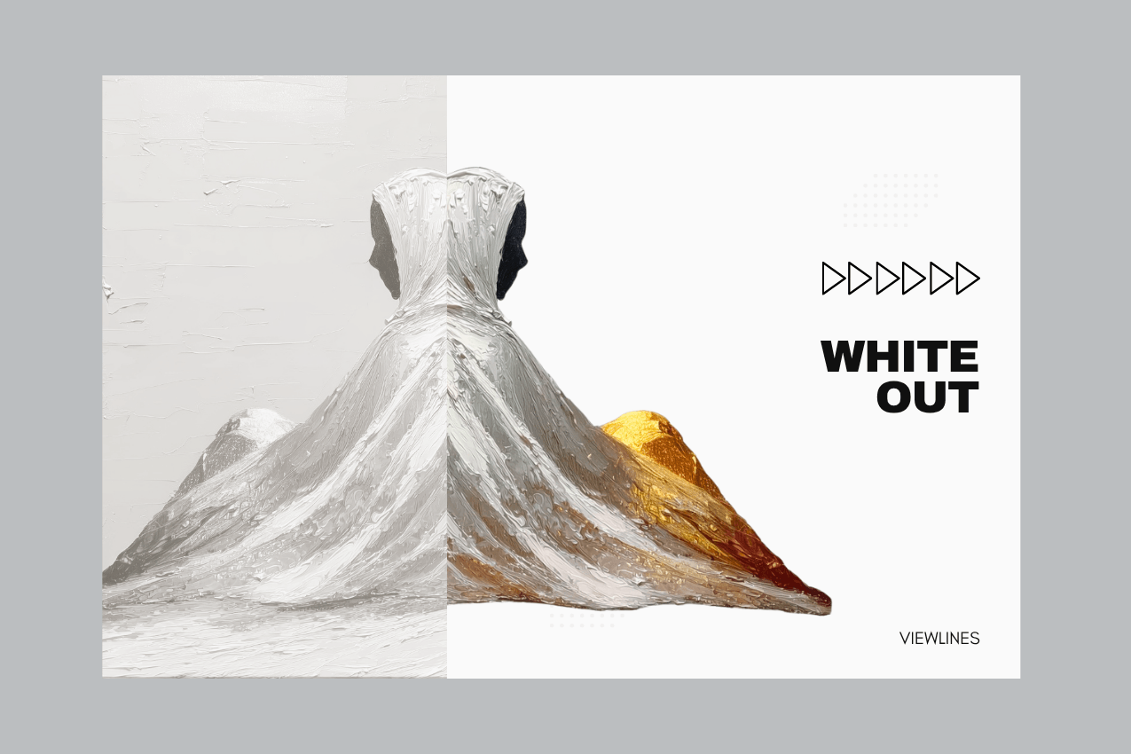 Cover image featuring a figure in a burka on the left that mirrors or overlaps into a secondary profile within a white rectangular panel on the right. The figure is draped in thick, ivory impasto paint that catches golden light in deep ridges. The white panel contains the title "WHITE OUT" in bold black text. Part of the Viewlines series at The Subtext Review.