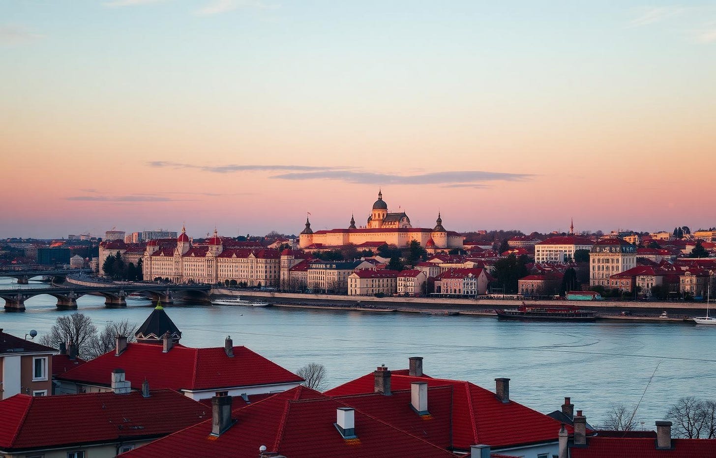 Belgrade Sava river skyline with the Kalemegdan fortress at golden hour