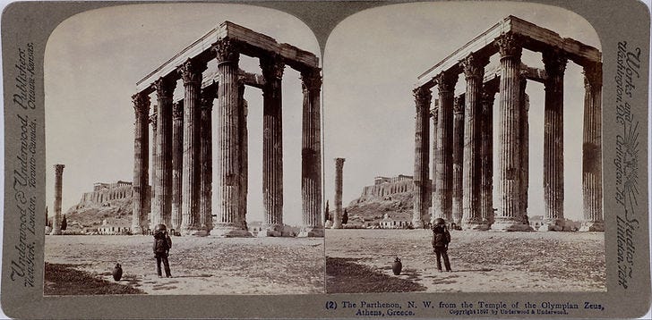 The Parthenon, N.W. from the Temple of the Olympian Zeus, Athens, Greece - Underwood & Underwood stereoscopic image, 1897. The Parthenon, N.W. from the Temple of the Olympian Zeus, Athens, Greece - Underwood & Underwood stereoscopic image, 1897.
