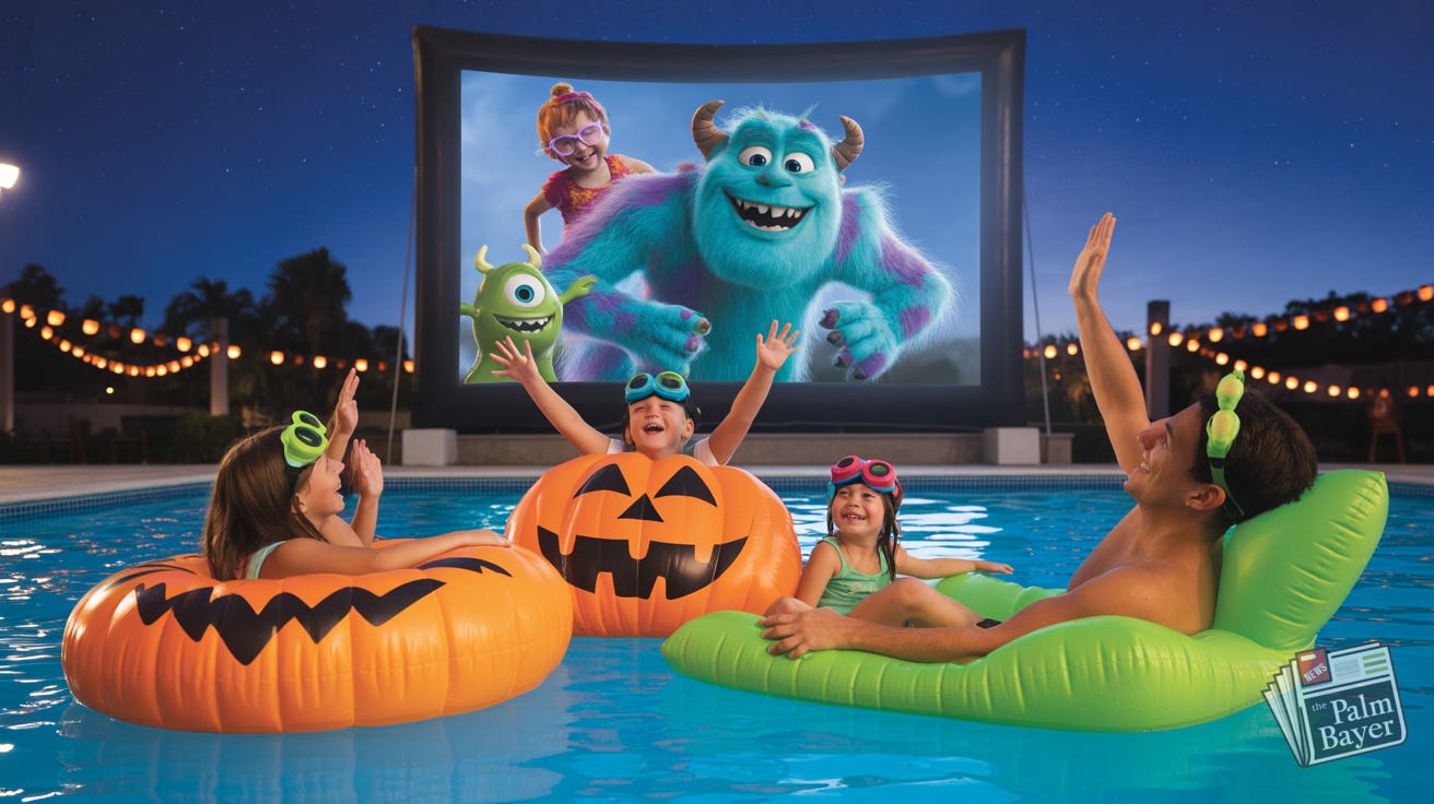 Families float in Halloween-themed pool inflatables at night while watching Monsters, Inc. on a large outdoor screen.