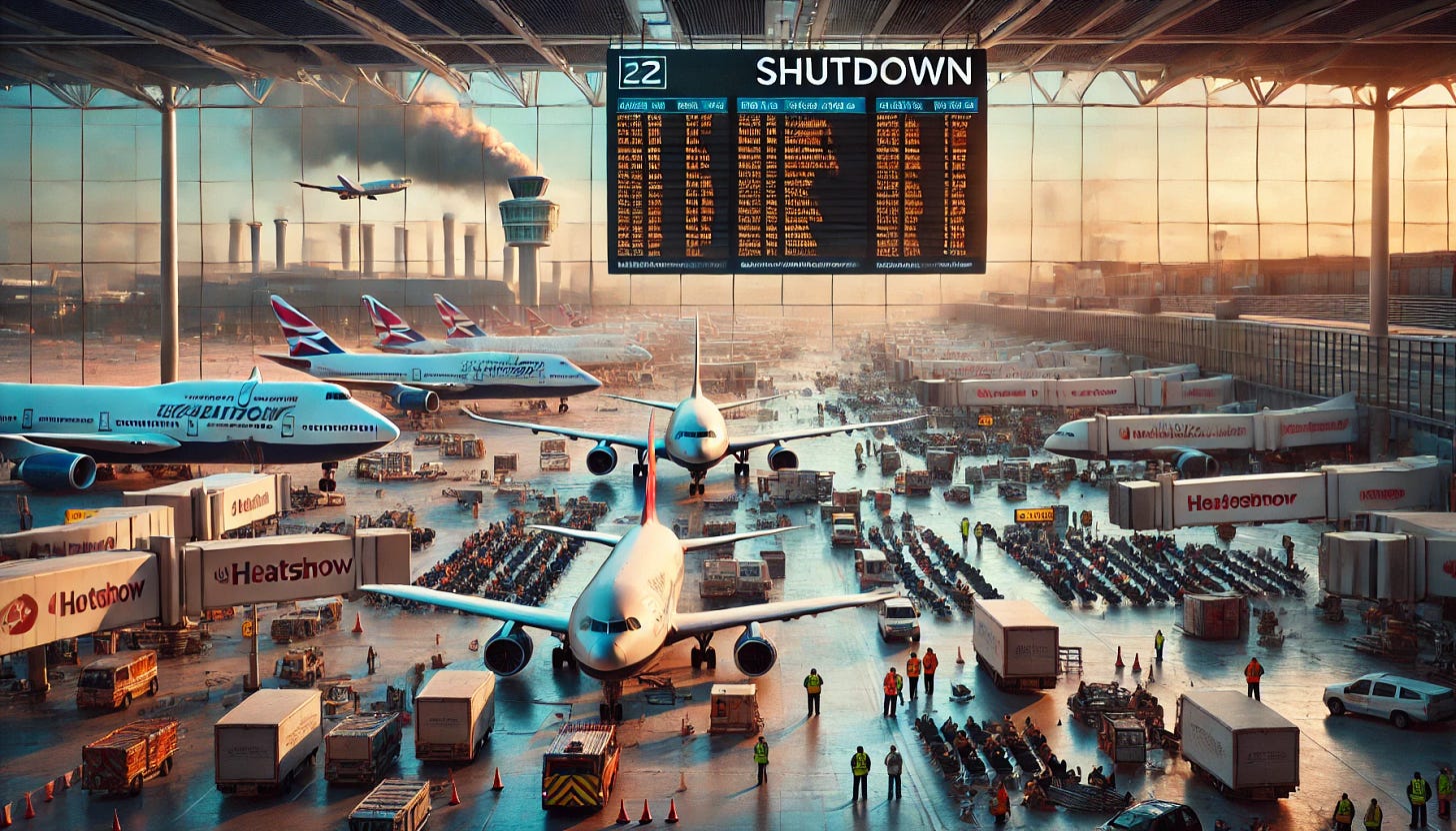 A dramatic scene at London's Heathrow Airport showing a shutdown. The image captures grounded airplanes lined up at the terminals with empty runways. Large digital flight information boards display massive cancellations and delays. Passengers are seen waiting in frustration, some checking their phones while others talk to airline staff. The atmosphere is tense, with security personnel monitoring the situation. In the background, smoke rises from a distant electrical substation, hinting at the cause of the shutdown. The overall tone is serious and impactful, reflecting a major disruption in global travel. A dramatic scene at London's Heathrow Airport showing a shutdown. The image captures grounded airplanes lined up at the terminals with empty runways. Large digital flight information boards display massive cancellations and delays. Passengers are seen waiting in frustration, some checking their phones while others talk to airline staff. The atmosphere is tense, with security personnel monitoring the situation. In the background, smoke rises from a distant electrical substation, hinting at the cause of the shutdown. The overall tone is serious and impactful, reflecting a major disruption in global travel.