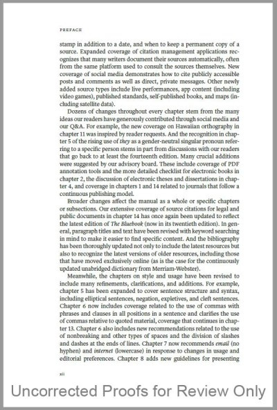 An uncorrected page of proof showing page xii of the preface to the seventeenth edition of The Chicago Manual of Style. The text is single-spaced, with the right margin fully justified.
