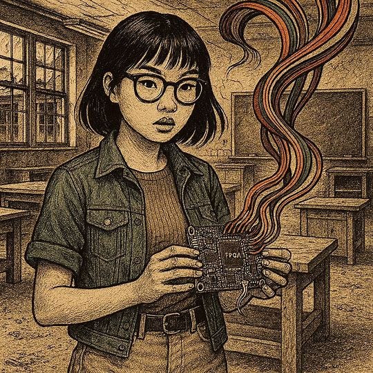 drawing. female asian nerd with an FPGA and ribbon cables flowing out in an abandoned elementary school woodshop. 2000s fashion. sawdust on floor and large wood tables. 1960s sci-fi drawing.