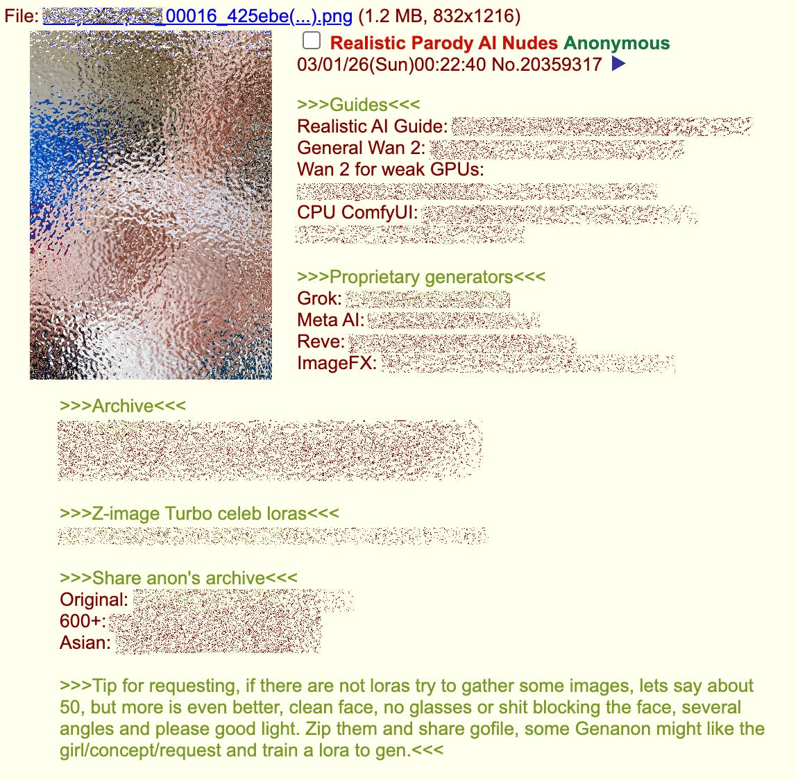A Mar. 1 post on 4chan’s “Adult Requests” imageboard shares a copied and pasted “bake” that directs the forum’s users to guides, tools, and filesharing folders related to “deepfake” sexually explicit images. Open Measures recorded hundreds of posts containing the exact text of this one since November 2025, often seeing they were shared multiple times per day.