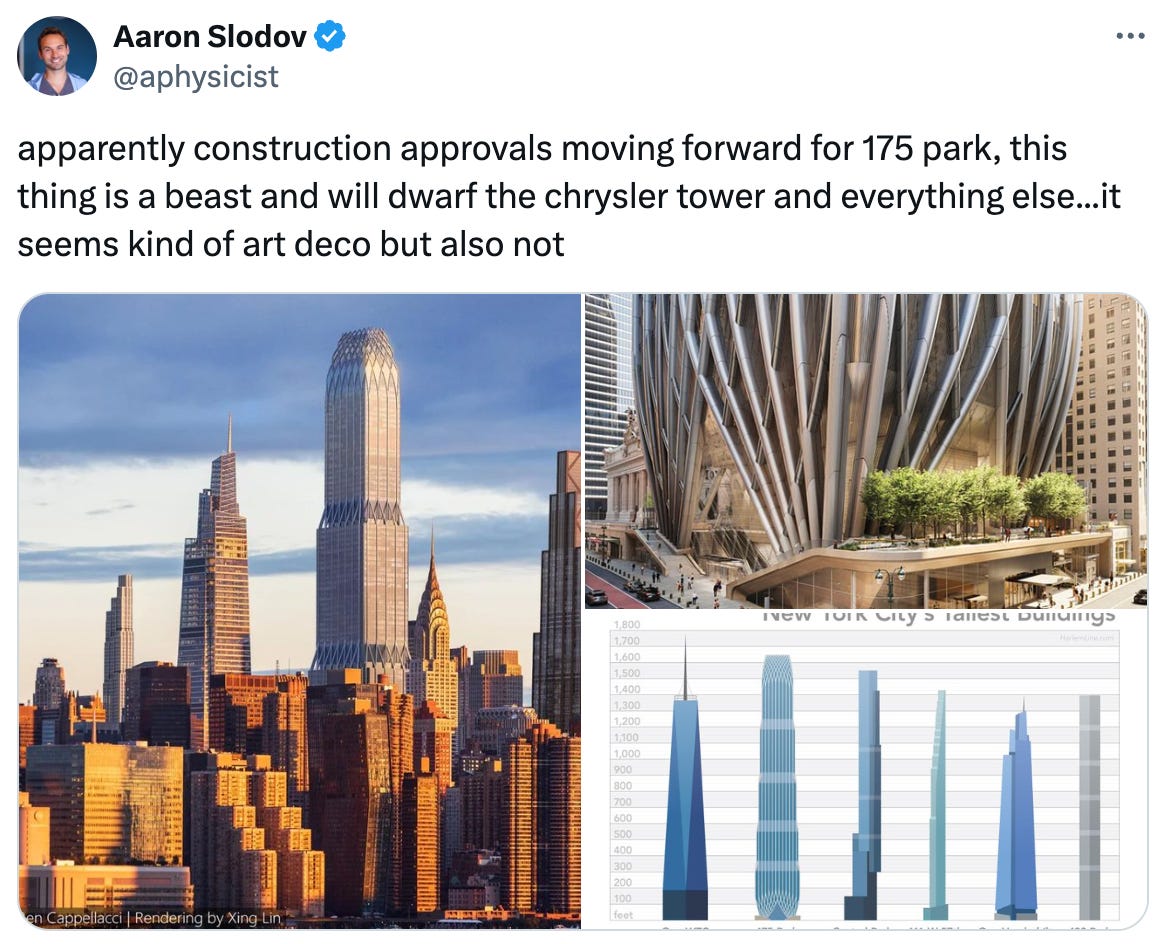 Aaron Slodov @aphysicist apparently construction approvals moving forward for 175 park, this thing is a beast and will dwarf the chrysler tower and everything else...it seems kind of art deco but also not Aaron Slodov @aphysicist apparently construction approvals moving forward for 175 park, this thing is a beast and will dwarf the chrysler tower and everything else...it seems kind of art deco but also not