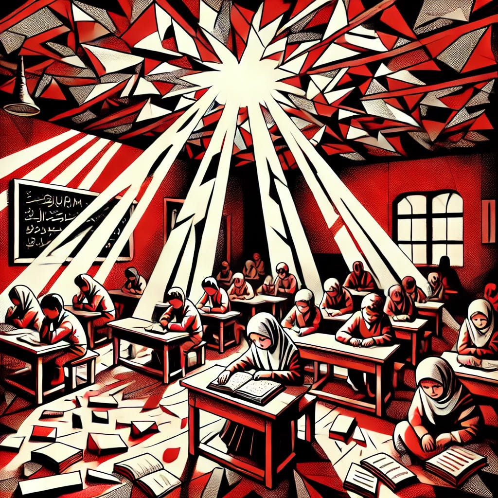 A simple cubist-style illustration using a red and white color palette, depicting sunlight streaming through jagged holes in the ceiling of a classroom. Harsh geometric patterns of light and shadow fall across tattered textbooks and broken desks. A young girl, Aisha, sits below a desk with her fingers tracing words in a Quran. Surrounding her, 23 students huddle closely on the floor, their breath visible in the cold air. At the front of the room, a teacher gestures to a chalkboard filled with abstracted numbers, all elements stylized in angular cubist forms.