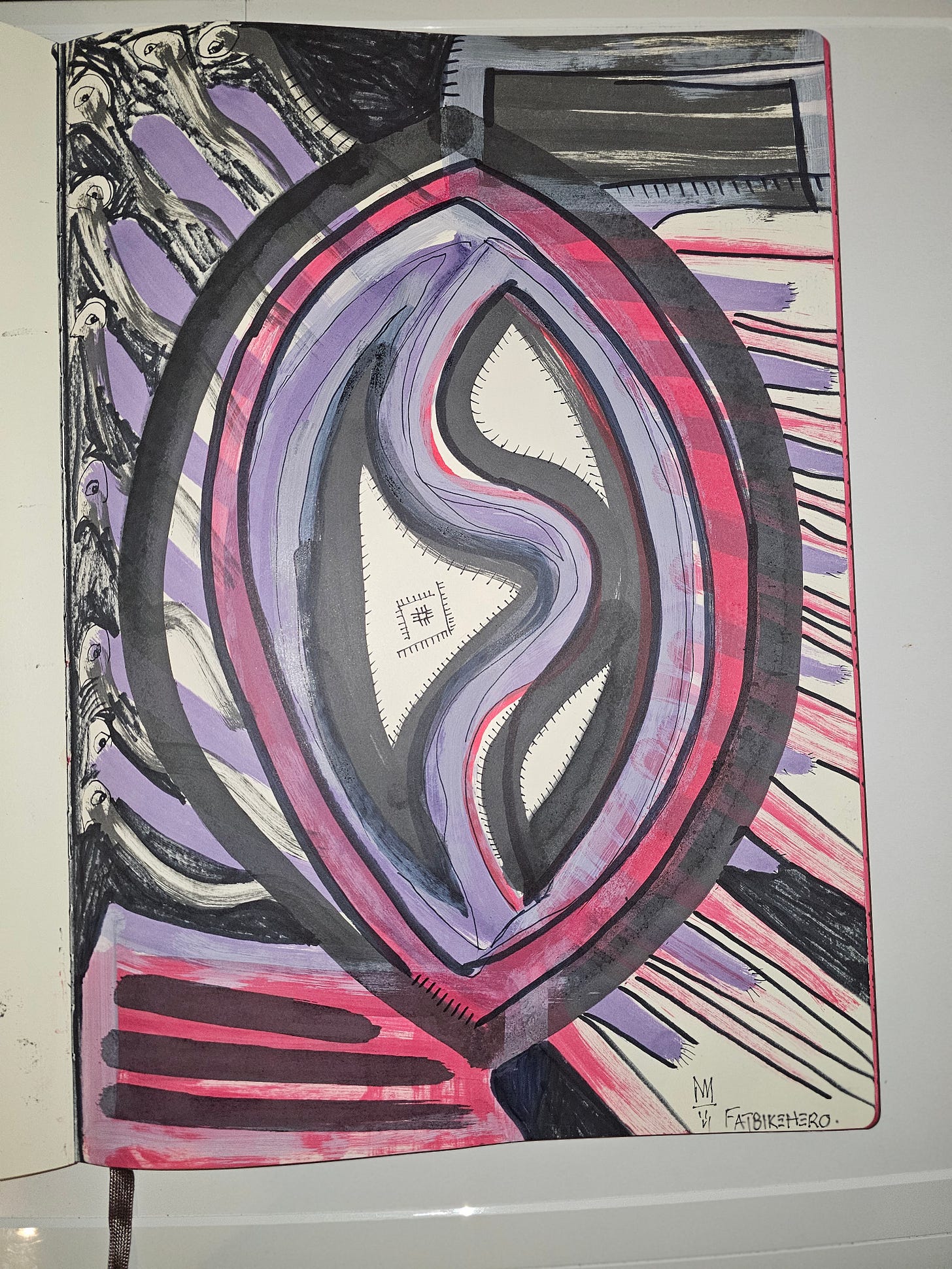 Abstract mixed-media artwork depicting a vulva-like form symbolizing artificial intelligence as a deceptive, sterile system, with purple, black, and red gestural markings in a sketchbook