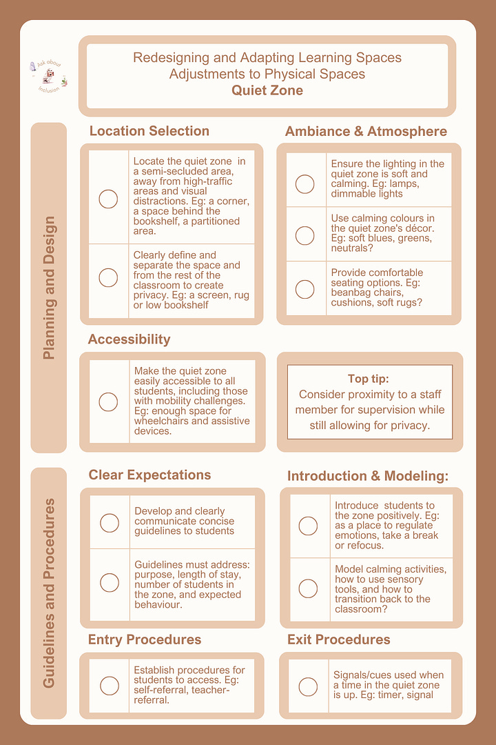 A checklist with everything teachers need to set up a Designated Quiet Zone in the classroom