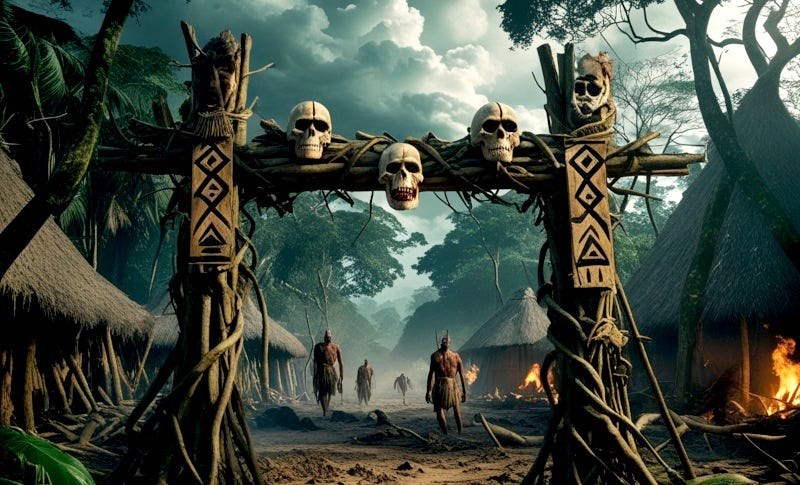 A roughly constructed wooden arch adorned with skulls, leading to a village of wooden huts.