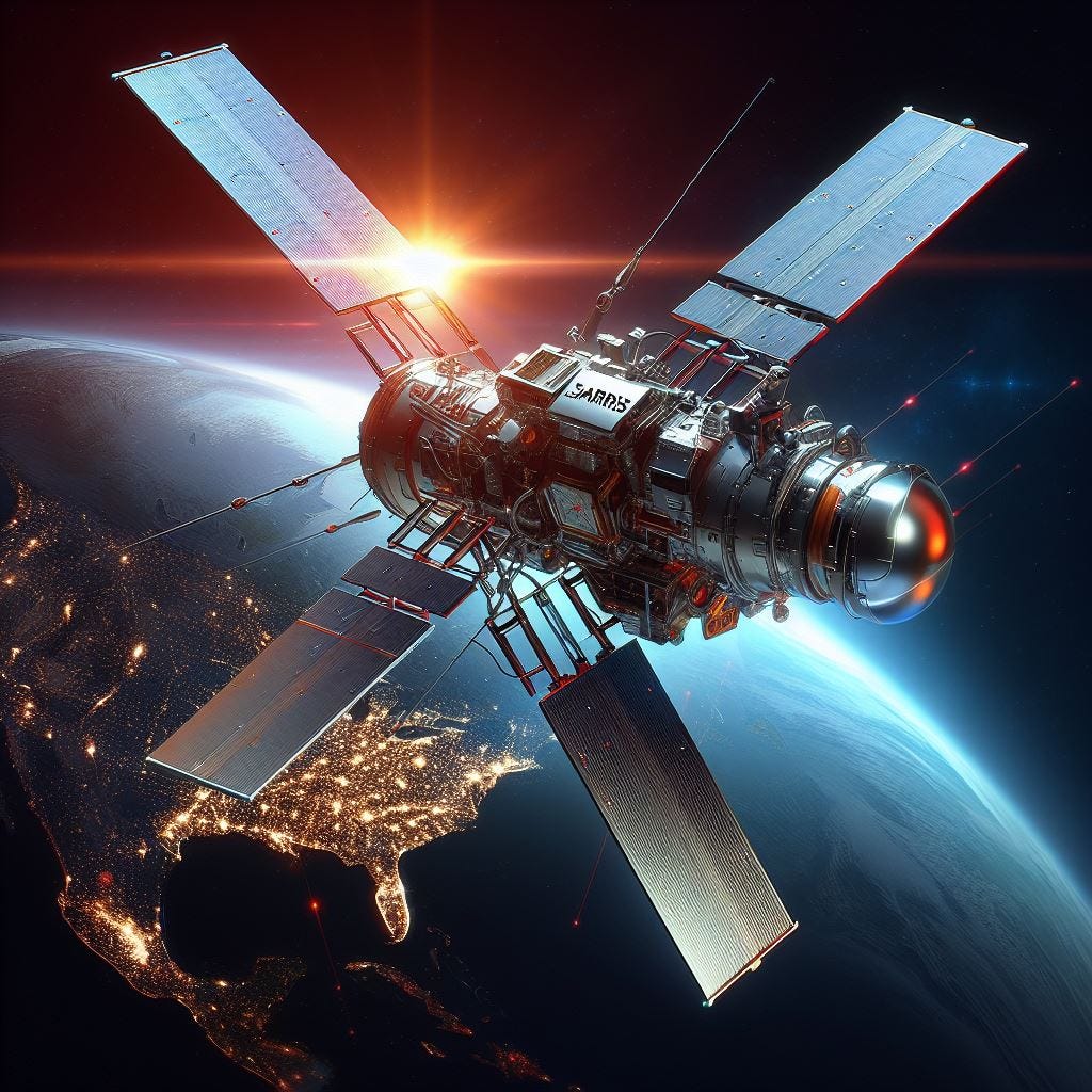 A high-tech digital illustration of futuristic \'L3Harris\' branded satellites orbiting Earth, featuring advanced infrared sensors for missile tracking. The satellites are sleek, modern, equipped with sophisticated technology. Earth is visible in the background, partly shrouded in darkness, symbolizing global reach and protection. The image conveys advanced technology and national defense, vibrant colors, dramatic lighting, a dynamic orbiting pose, viewed from an aerial angle. Created Using: ultra-detailed digital art, futuristic design, advanced digital rendering, vivid colors, dramatic contrast, dynamic lighting, high-resolution textures, glibatree prompt, crisp details --ar 16:9