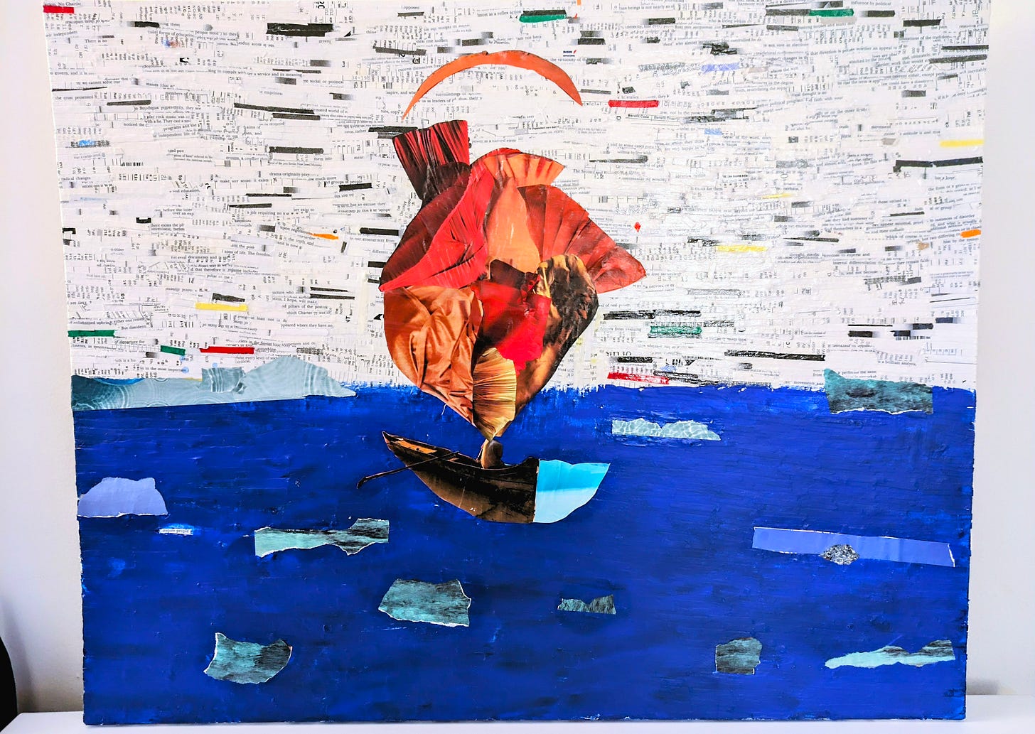 I’m not sure how I feel about this piece but sharing anyway as a matter of getting over my hangup about promoting my artwork. “Aspirational Rowing” Made from: shredded junk mail, acrylics, magazines. 18x24 salvaged canvas. I’m not sure how I feel about this piece but sharing anyway as a matter of getting over my hangup about promoting my artwork. “Aspirational Rowing” Made from: shredded junk mail, acrylics, magazines. 18x24 salvaged canvas.