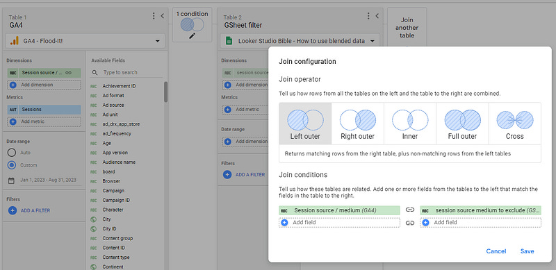looker studio google use blended data to filter GA4 referral traffic left outer join