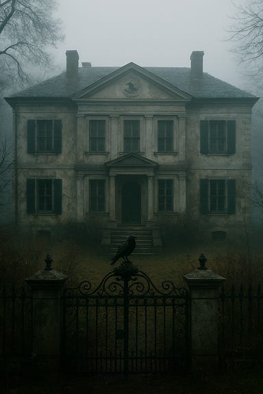 Wachterhaus looms ahead as the party approaches. The mansion is three stories of faded opulence—cracked stone walls, stained glass windows, and wrought-iron gates that groan open like a warning. The garden is overgrown, smelling of wine and secrets, with twisted ivy climbing the facade. The sky is overcast, casting a pale gray light over the scene. The party—seven figures in cloaks and armor—walks forward with wary determination, their silhouettes framed against the looming structure. The atmosphere is gothic, theatrical, and foreboding, capturing the moment before they cross the threshold.