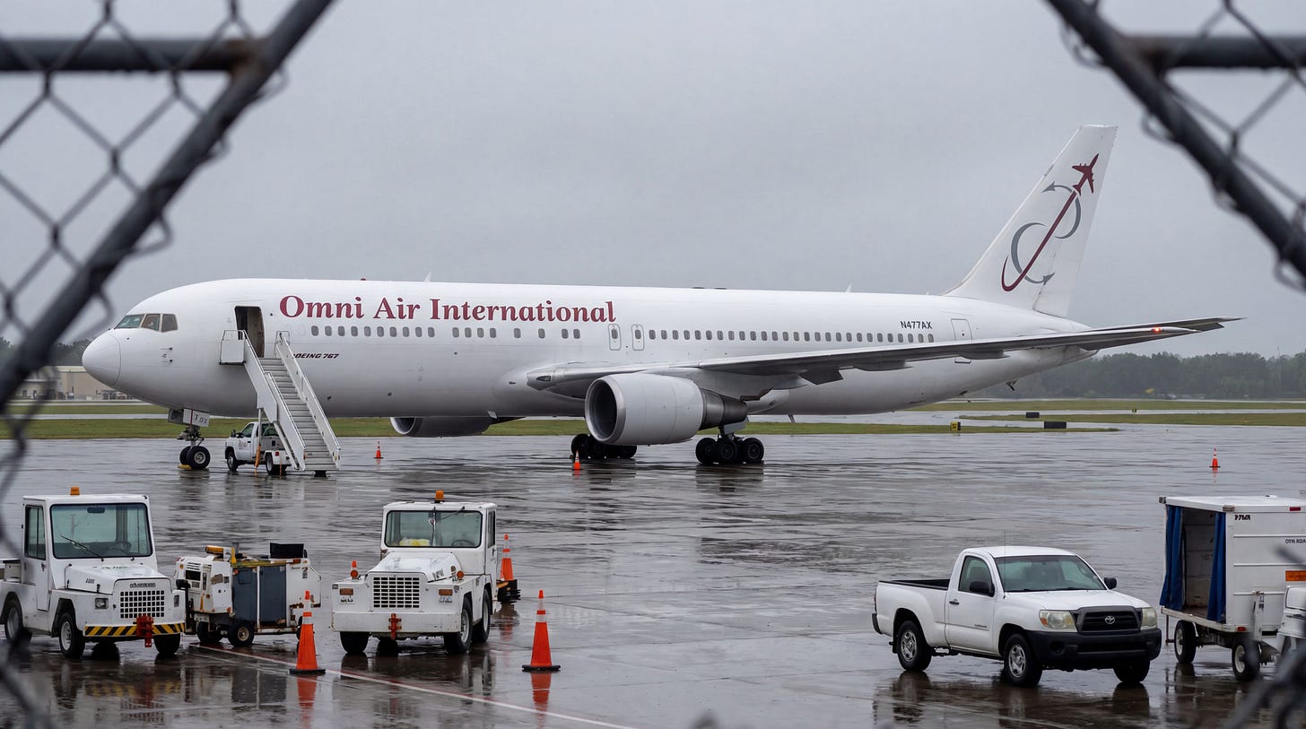 AI-generated illustration of an Omni Air International Deportation Airplane at an airport, symbolizing increased deportations.