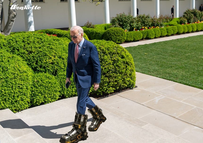 in a photoshopped image, Joe Biden wears comically huge robot shoes as he walks up steps from the White House Rose Garden. in a photoshopped image, Joe Biden wears comically huge robot shoes as he walks up steps from the White House Rose Garden.