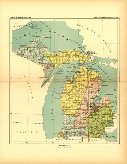 A historical map of the Lake Superior region highlighting the 1842 Treaty of La Pointe land cession. The map shows the vast territory across the western Upper Peninsula of Michigan and northern Wisconsin that was transferred from the Ojibwe to the United States.