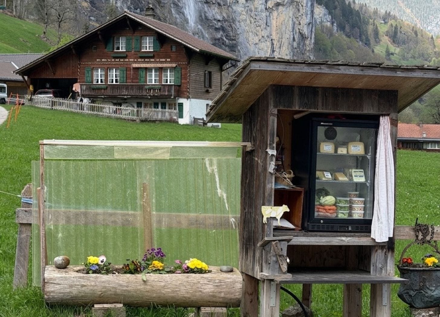 Wooden roadside cabinet on stilts in the Lauterbrunnen valley with a glass-front refrigerator full of cheese wheels, dried meats, and pickled jars, a small yellow painted cow on the side, a Swiss chalet and waterfall in the background. Wooden roadside cabinet on stilts in the Lauterbrunnen valley with a glass-front refrigerator full of cheese wheels, dried meats, and pickled jars, a small yellow painted cow on the side, a Swiss chalet and waterfall in the background.
