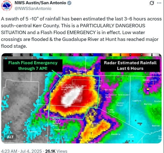 NWS forecasters began warning about a "Particularly Dangerous Situation" and an "Emergency" in Kerr County well before 5:00 AM. NWS forecasters began warning about a "Particularly Dangerous Situation" and an "Emergency" in Kerr County well before 5:00 AM.