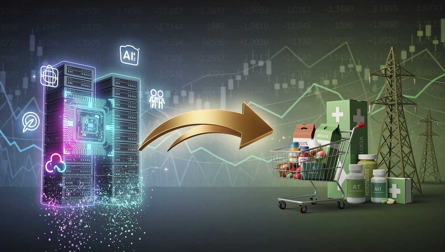 Imagen de cabecera panorámica para artículo financiero que representa la rotación de mercado desde tecnología hacia sectores defensivos. Composición dividida visual: el lado izquierdo muestra iconos y símbolos tecnológicos (chips de IA, servidores, logos estilizados de tech companies) en tonos azules neón y morados que se desvanecen o caen hacia abajo con efecto de partículas digitales dispersándose. El lado derecho muestra productos de consumo defensivo (carrito de supermercado, productos de farmacia, símbolos de utilities como torres eléctricas) en tonos verdes estables y cálidos que se elevan o permanecen sólidos. En el centro, flechas dinámicas de color dorado que fluyen desde la izquierda (tech) hacia la derecha (defensivos), representando el movimiento de capital. El fondo es un sutil gráfico de mercado bursátil con líneas que caen en el lado tech y se estabilizan en el lado defensivo. Superposición ligera de números de cotizaciones bursátiles difuminados. En la parte superior, espacio limpio para título del artículo. Estilo: digital art profesional, moderno, limpio, equilibrio entre dinamismo y seriedad corporativa. Paleta: azules tech fríos transitando a verdes cálidos defensivos, toques dorados para las flechas de flujo de capital. Formato horizontal 16:9 apropiado para cabecera de artículo web. La imagen debe transmitir movimiento, cambio estratégico y decisión informada sin caos. Imagen de cabecera panorámica para artículo financiero que representa la rotación de mercado desde tecnología hacia sectores defensivos. Composición dividida visual: el lado izquierdo muestra iconos y símbolos tecnológicos (chips de IA, servidores, logos estilizados de tech companies) en tonos azules neón y morados que se desvanecen o caen hacia abajo con efecto de partículas digitales dispersándose. El lado derecho muestra productos de consumo defensivo (carrito de supermercado, productos de farmacia, símbolos de utilities como torres eléctricas) en tonos verdes estables y cálidos que se elevan o permanecen sólidos. En el centro, flechas dinámicas de color dorado que fluyen desde la izquierda (tech) hacia la derecha (defensivos), representando el movimiento de capital. El fondo es un sutil gráfico de mercado bursátil con líneas que caen en el lado tech y se estabilizan en el lado defensivo. Superposición ligera de números de cotizaciones bursátiles difuminados. En la parte superior, espacio limpio para título del artículo. Estilo: digital art profesional, moderno, limpio, equilibrio entre dinamismo y seriedad corporativa. Paleta: azules tech fríos transitando a verdes cálidos defensivos, toques dorados para las flechas de flujo de capital. Formato horizontal 16:9 apropiado para cabecera de artículo web. La imagen debe transmitir movimiento, cambio estratégico y decisión informada sin caos.