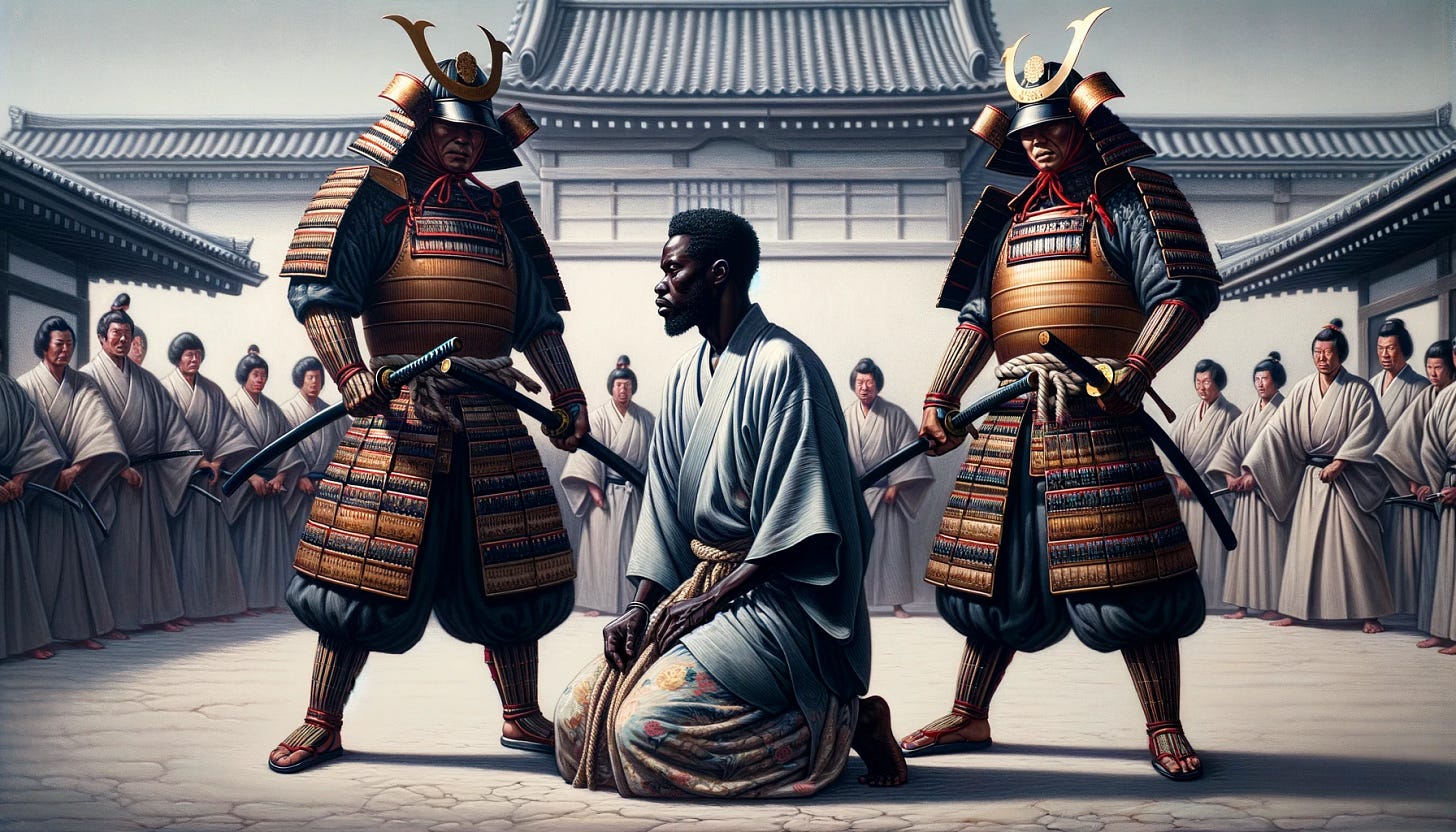 In a highly detailed scene, a captured Black African man, dressed in traditional Japanese clothing, is depicted kneeling on the ground, embodying a poignant moment of vulnerability and cultural intersection. He is positioned between two imposing samurai warriors, who stand in full traditional armor. The samurais' stances suggest both guardianship and authority, with one samurai slightly ahead of the other, creating a dynamic and tense atmosphere. The background subtly features elements of a Japanese landscape, perhaps the courtyard of a castle or a serene garden, enhancing the historical and cultural context of the encounter.