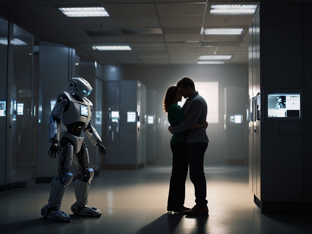 two people hugging with a robot watching them