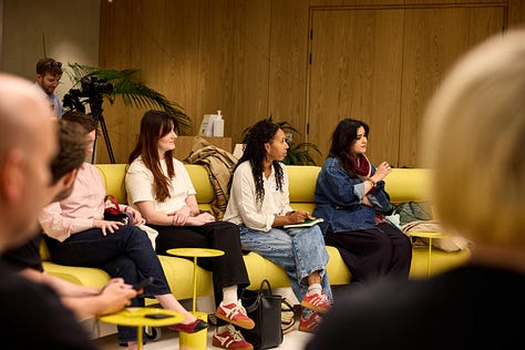 Photos of people walking into one of our hero events, someone smiling at a recent supper club, and people listening in a workshop.