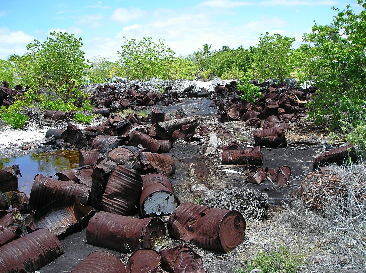 Over forty years after testing finished, hazardous military including significant bitumen spills and over 350 metric tonnes of asbestos-containing materials littered Kiribati © Safety & Ecology Corporation Ltd. Over forty years after testing finished, hazardous military including significant bitumen spills and over 350 metric tonnes of asbestos-containing materials littered Kiribati © Safety & Ecology Corporation Ltd.
