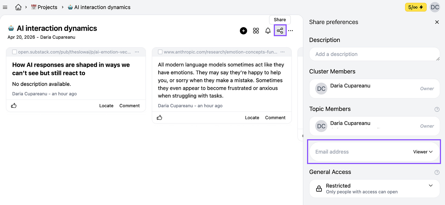 Screenshot showing Cluing project share settings where a user can invite others by email and set access permissions to collaborate or allow viewing of the research project