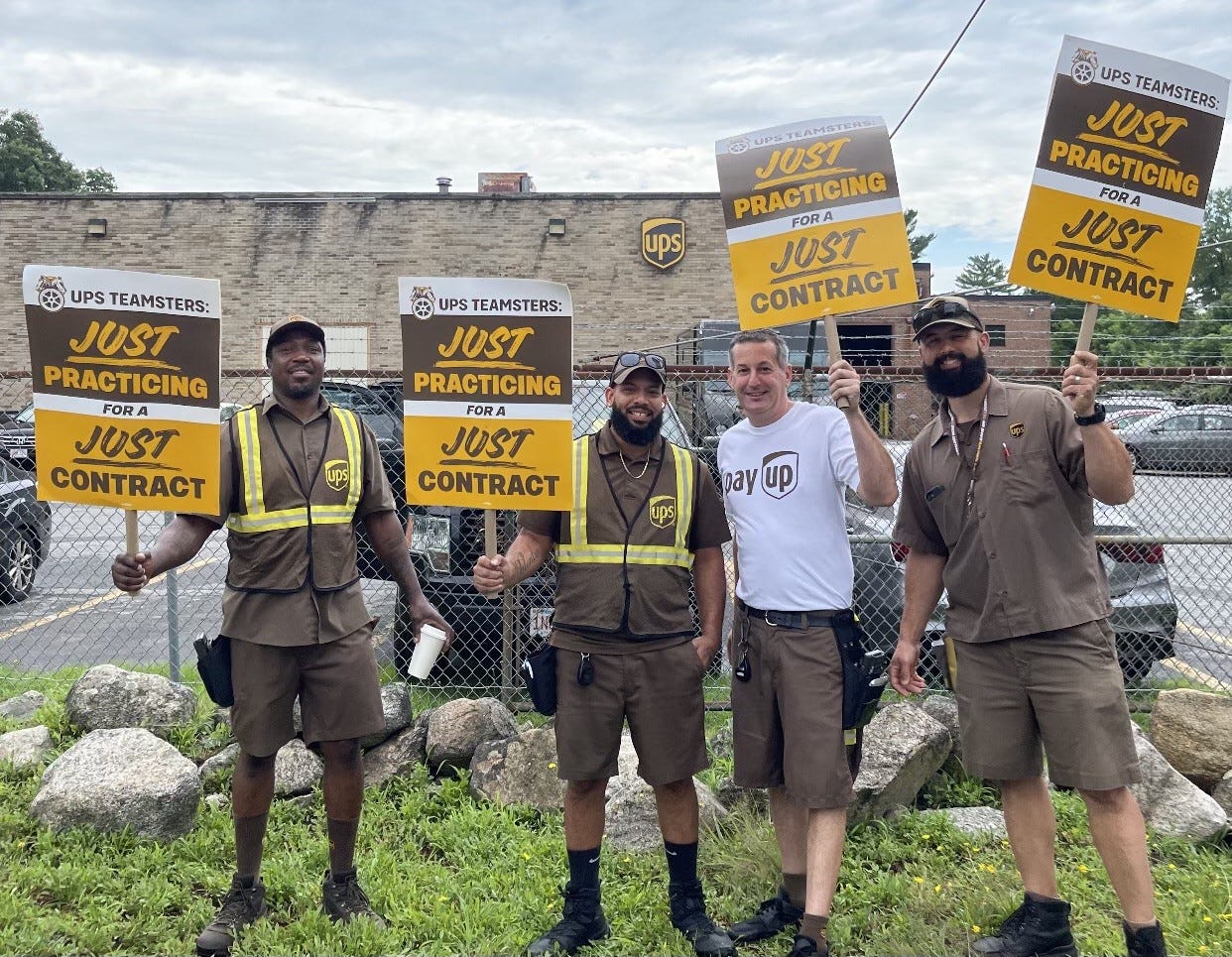 May be an image of 4 people and text that says 'JUST JUST PRACTICING FORA CONTRACT UPS JUST TEAMSTERS: PRACTICING FORA JUST CONTRACT UPS TEAMSTERS: JUST PRACTICING FORA JUST CONTRACT ☬ UPS TEAMSTERS: JUST PRACTICING FOR JUST CONTRACT payuP pay AX'