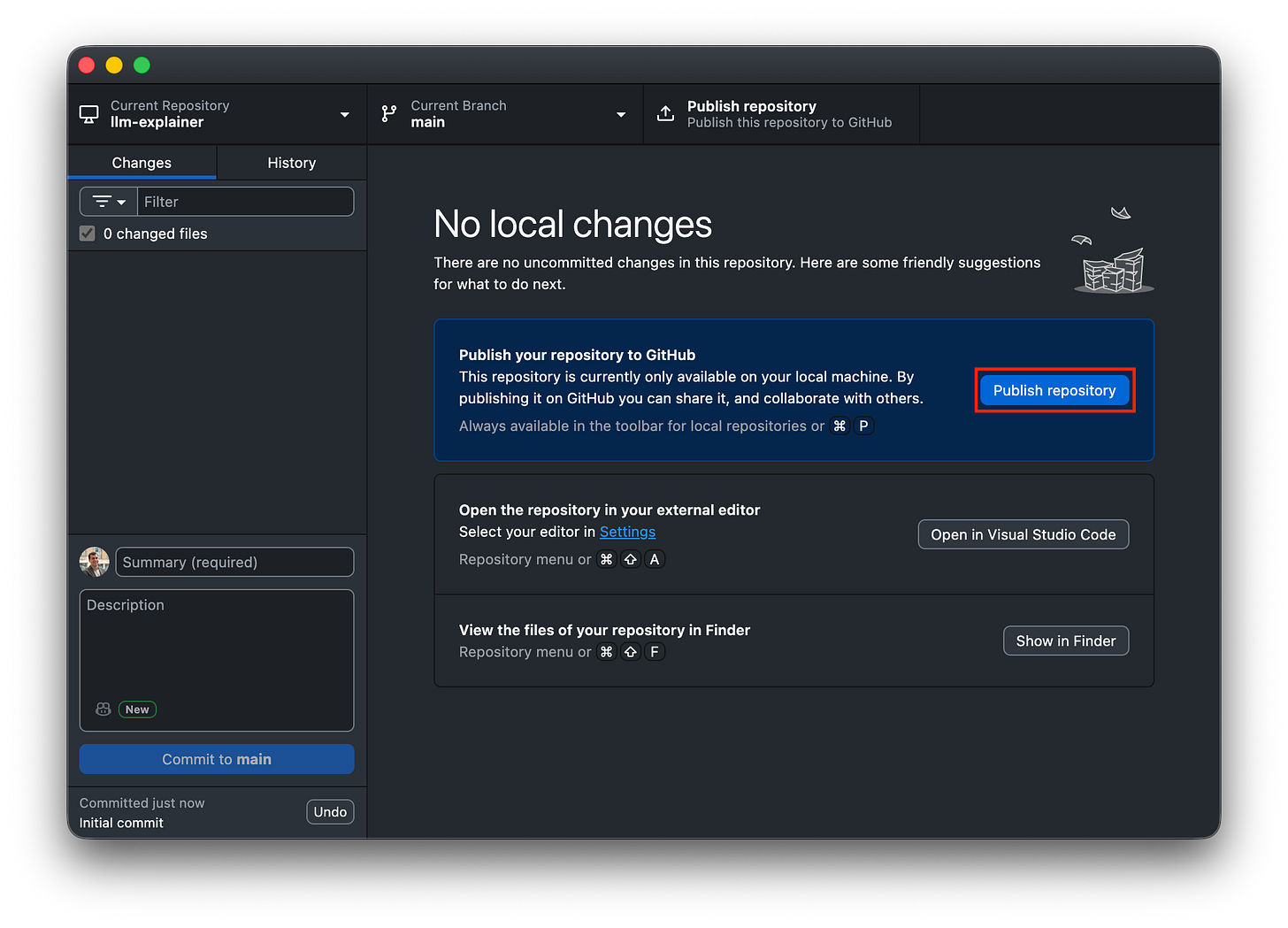 GitHub Desktop screen with a red box highlighting the "Publish repository" button.