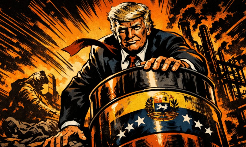 A 1970s comic-style illustration depicts Donald Trump in a dramatic low-angle stance gripping a massive oil barrel with Venezuelan symbols inside a shadowy refinery glowing with orange light. A 1970s comic-style illustration depicts Donald Trump in a dramatic low-angle stance gripping a massive oil barrel with Venezuelan symbols inside a shadowy refinery glowing with orange light.