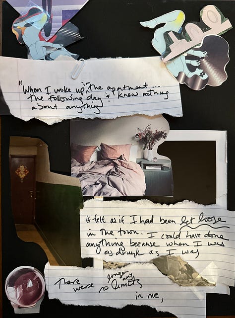 collage essay with words & images depicting a blackout experience, quoting Karl Ove Knausgaard