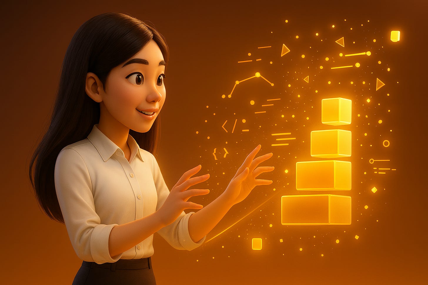Pixar-style 3D illustration of Jenny Ouyang from Build to Launch standing in profile, arms extended toward floating golden geometric blocks stacking vertically and amber code fragments swirling around her, representing top-down and bottom-up prompting strategies for production-ready AI code development