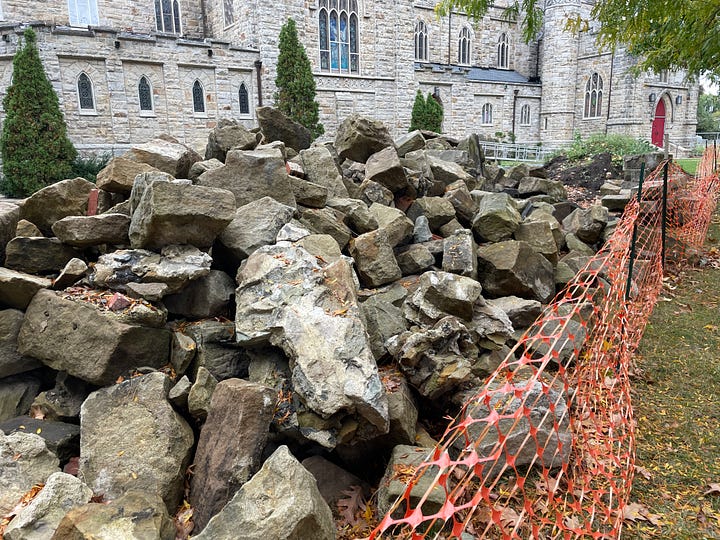 Stones from the exterior of the building that were removed during construction.