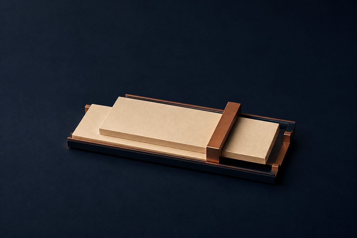Editorial illustration of overlapping ivory plates and a copper sliding stop in a dark navy track. Editorial illustration of overlapping ivory plates and a copper sliding stop in a dark navy track.