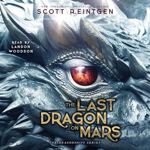 The cover of The Last Dragon on Mars by Scott Reintgen is a close-up of a silver dragon's eye looking at the reader.