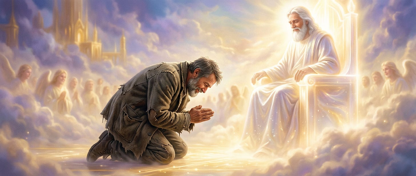 Nano Banana 2 - image of a homeless beggar bowing before God in heaven with a peaceful look on his f_2.png