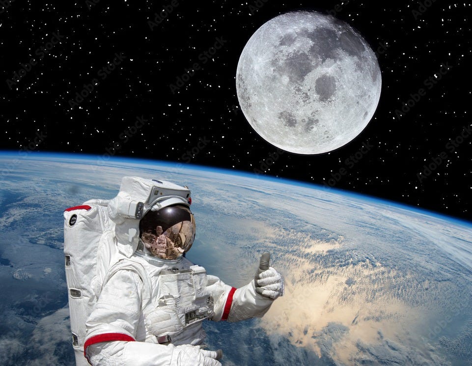 Astronaut gives thumbs up. Moon and earth on the backdrop. The elements of  this image furnished by NASA. Stock Photo | Adobe Stock