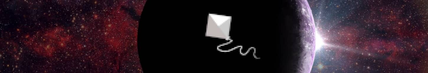 Cyberkite blog banner featuring a white kite icon floating against a backdrop of deep red and purple space nebula and stars.