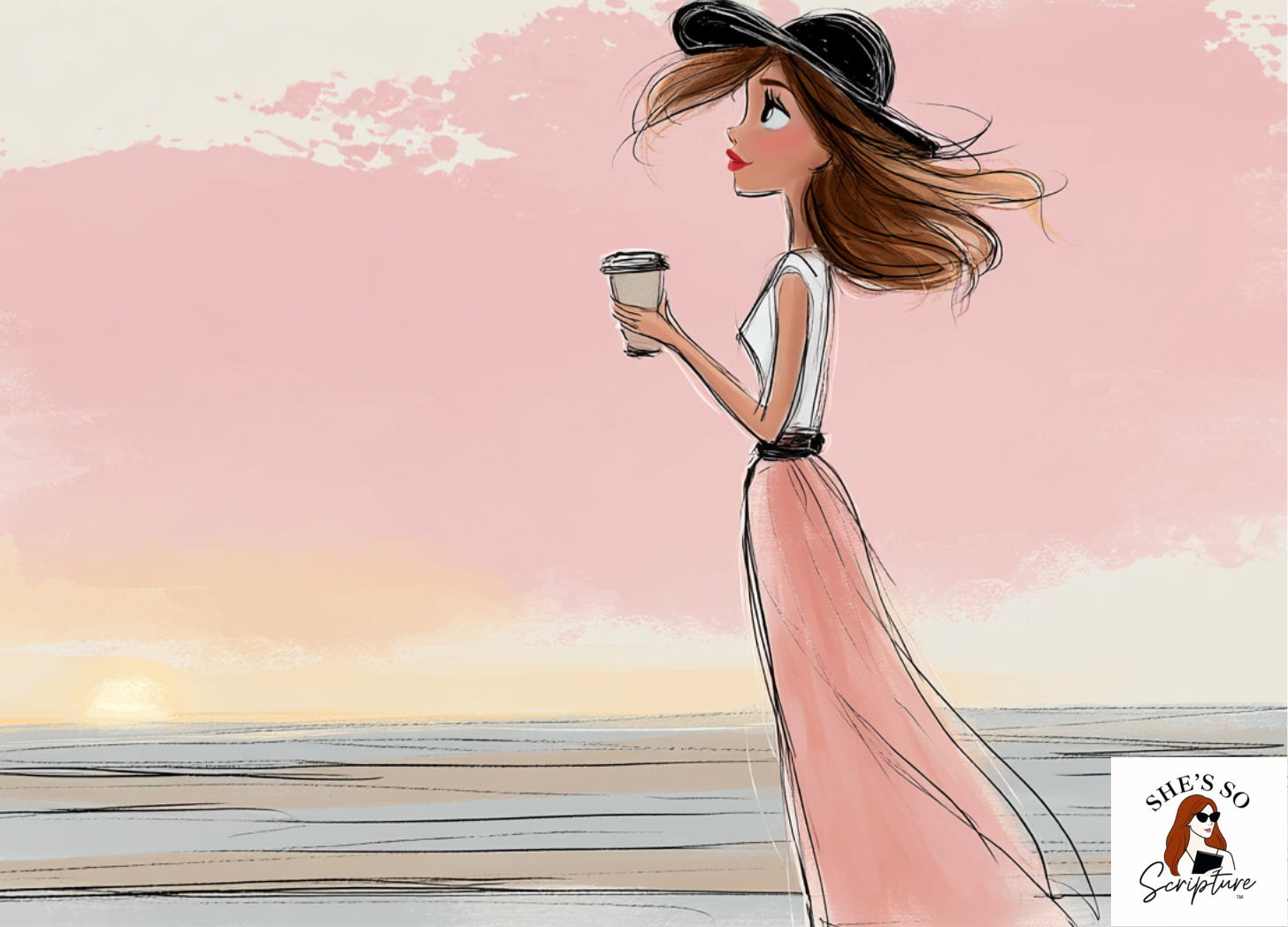 An illustrated woman standing alone in an open landscape holding a coffee cup, gazing toward a distant horizon with quiet expectation in soft golden light, rendered in a whimsical fashion illustration style with blush pink and cream watercolor tones.
